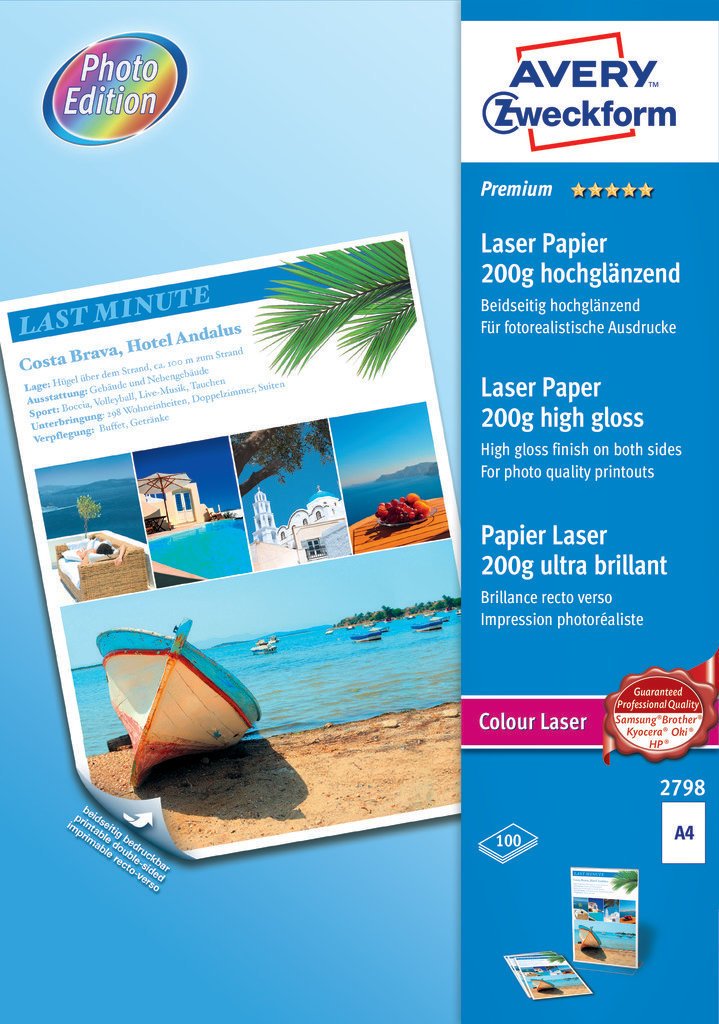 Avery - Laser fotopapir 200g premium glossy, A4 - 100 ark