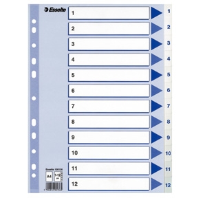 Esselte Register A4 1-12 plast, Hvid - 10 stk