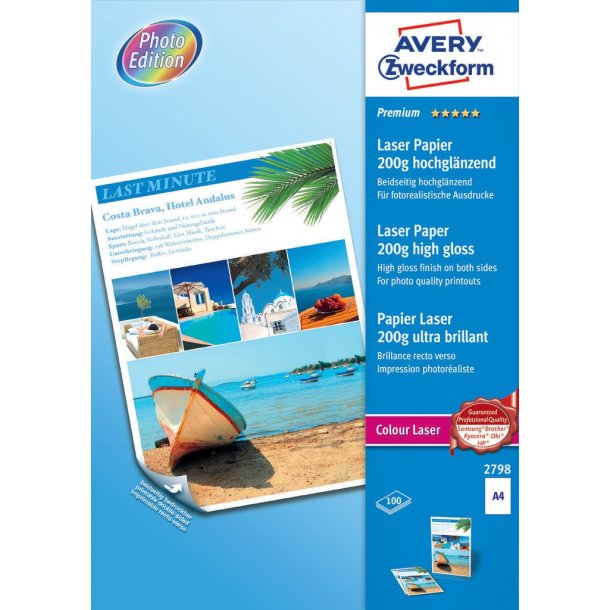 Avery - Laser fotopapir 200g premium glossy, A4 - 100 ark
