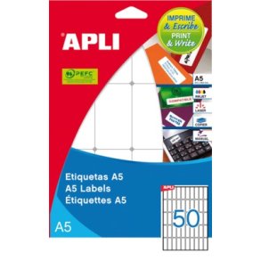 Etiket A5 Apli 13x40mm hvid 100 ark - 1 pakke
