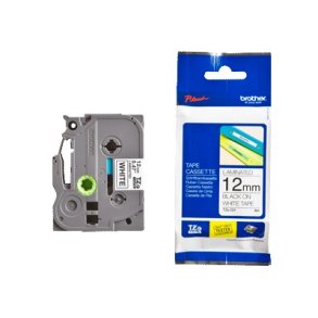 Brother Tape TZE 12mm, Sort tekst p hvid tape - 1 stk.